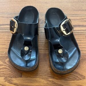 Black Birkenstock Gizeh with Big Gold Buckle